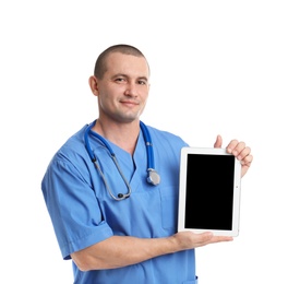 Photo of Portrait of medical assistant with stethoscope and tablet on white background. Space for text