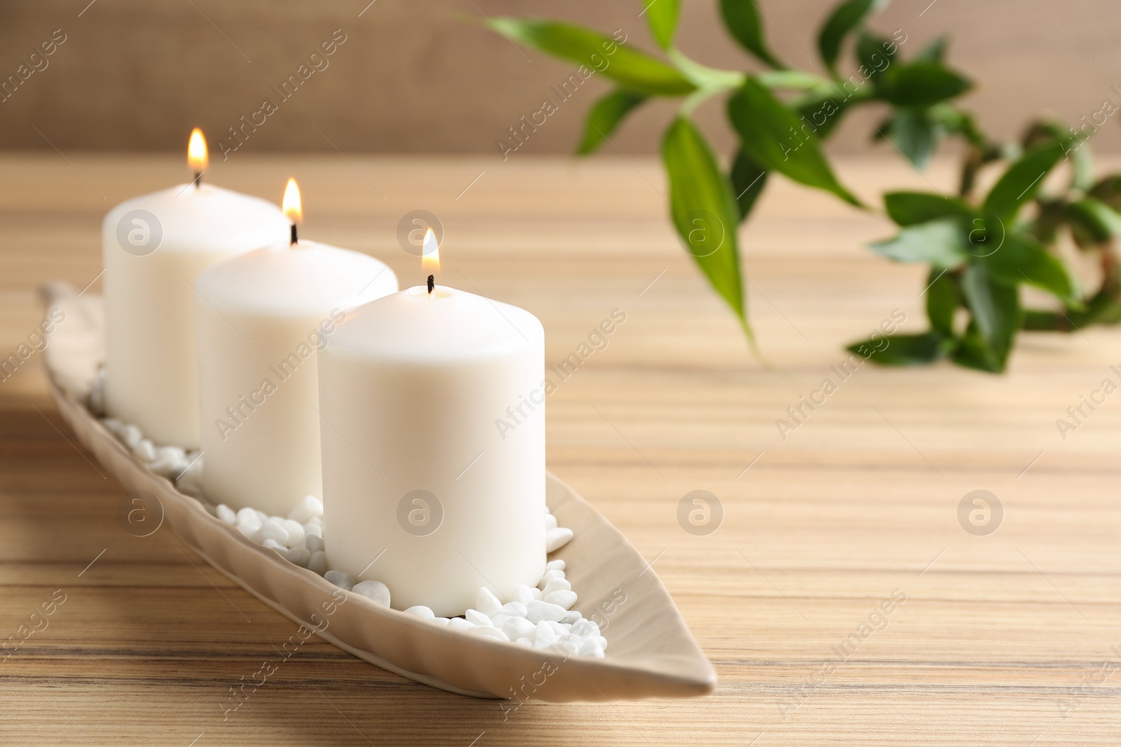 Photo of Composition with three candles and bamboo branch on wooden table. Space for text
