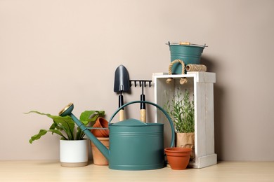 Photo of Gardening tools and houseplants on wooden table