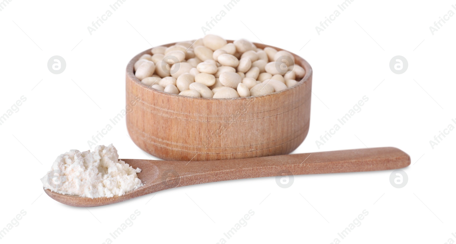 Photo of Wooden spoon with flour and kidney beans in bowl isolated on white