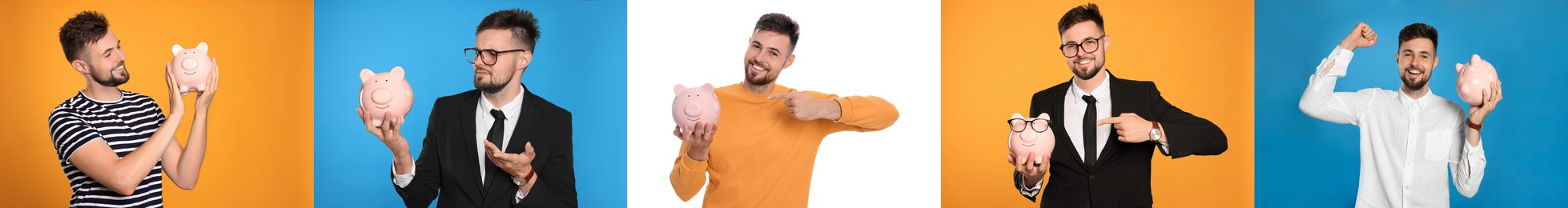 Collage with photos of man holding ceramic piggy banks on different color backgrounds. Banner design