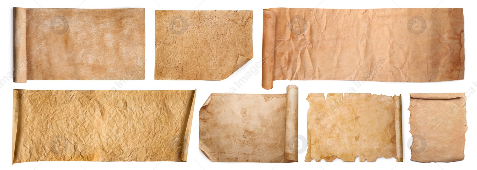 Image of Set with parchments isolated on white. Aged sheets of paper