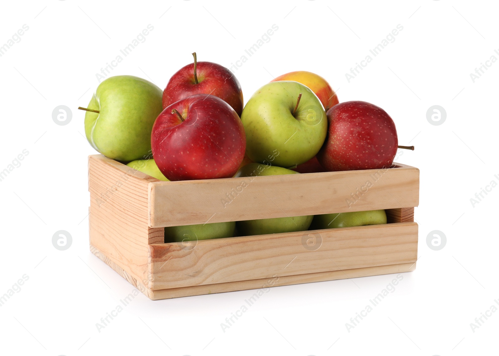 Photo of Wooden crate full of fresh apples on white background