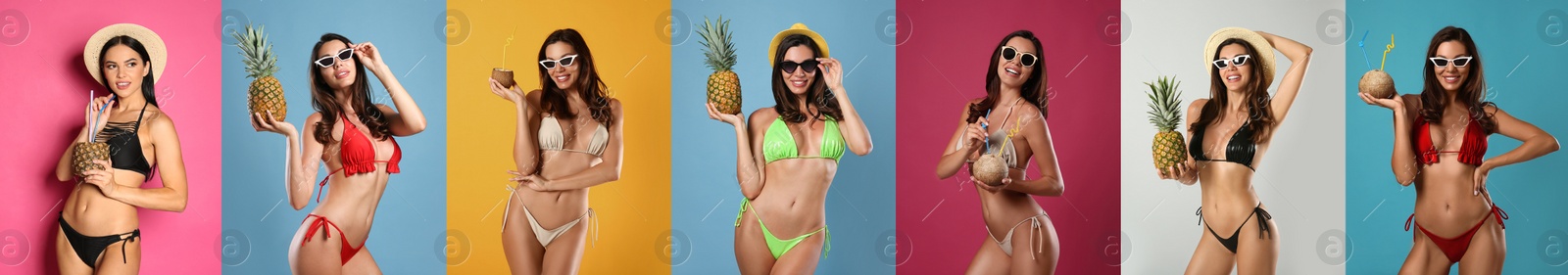 Image of Collage with photos of women wearing bikini on different color backgrounds. Banner design