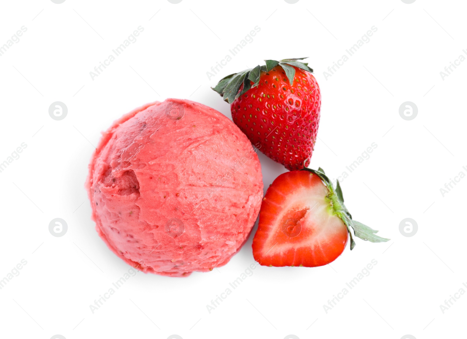 Photo of Scoop of delicious ice cream with strawberries on white background, top view