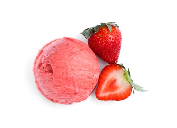 Scoop of delicious ice cream with strawberries on white background, top view