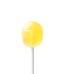 Photo of Tasty lemon flavored lollipop isolated on white