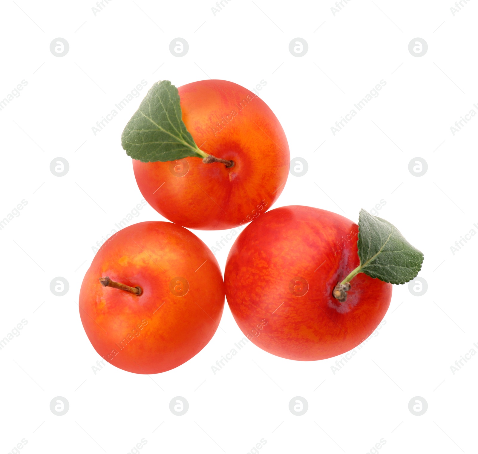 Photo of Delicious ripe plums with leaves isolated on white, top view