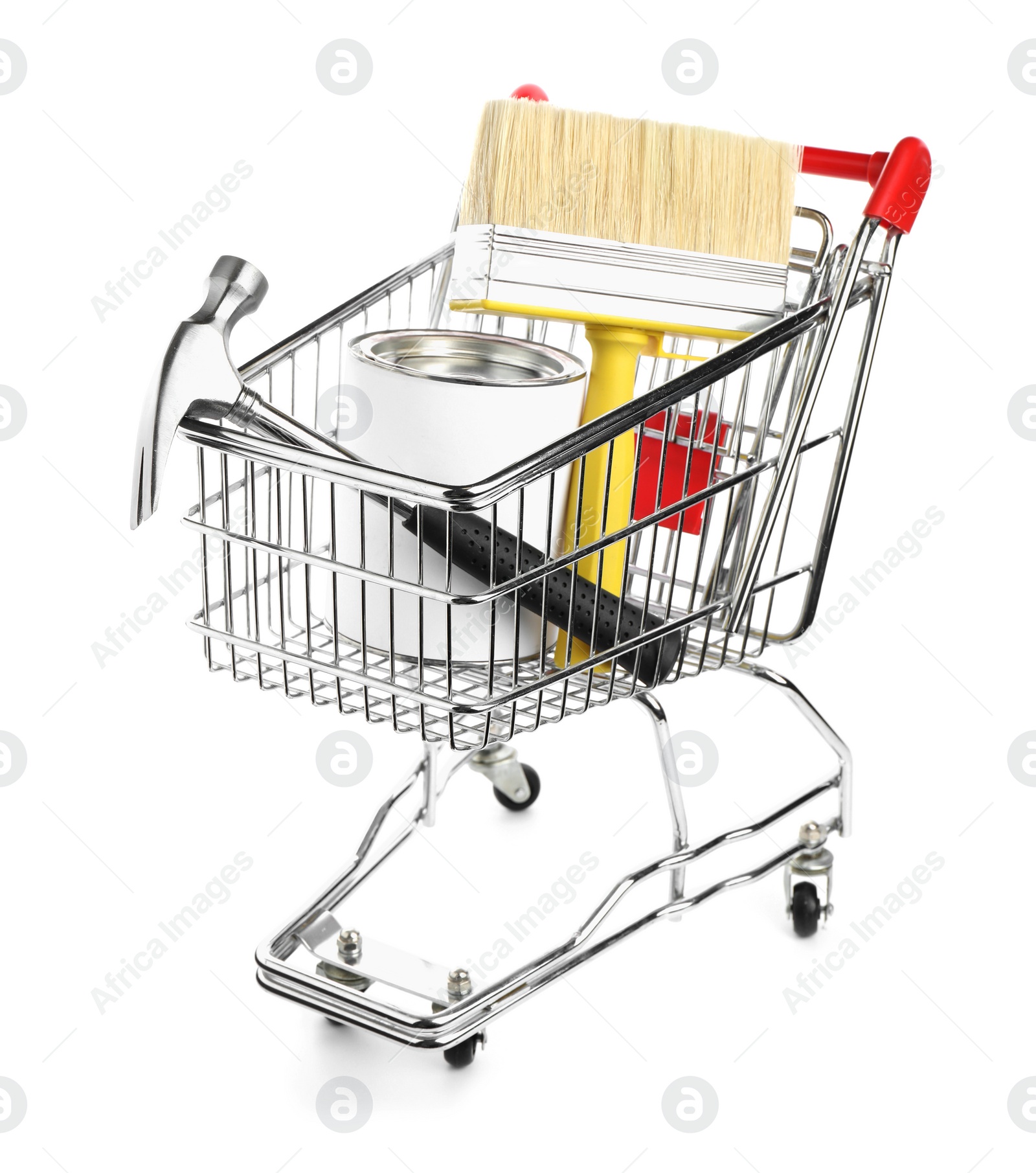 Photo of Small shopping cart with paint and renovation equipment isolated on white