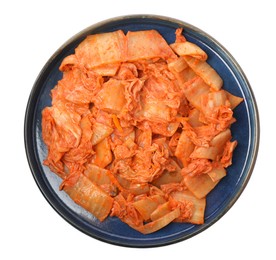 Photo of Plate of delicious kimchi with Chinese cabbage isolated on white, top view