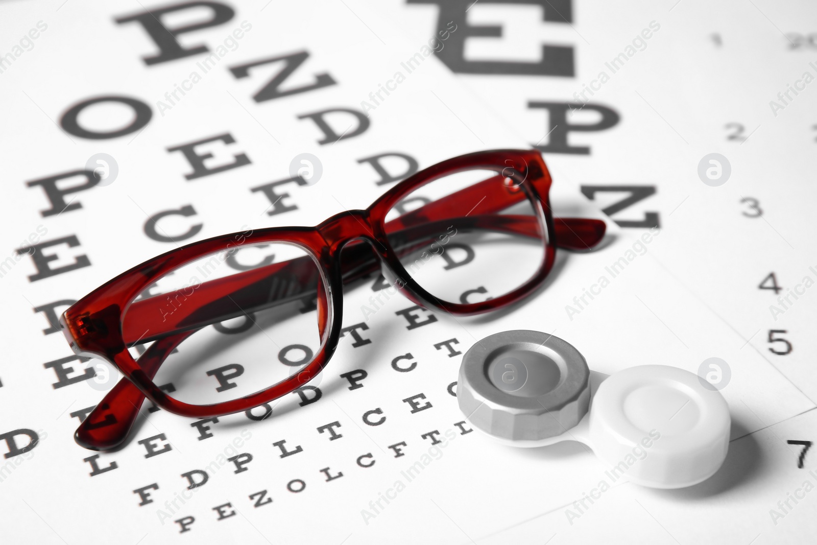 Photo of Glasses and contact lens case on eye charts, closeup