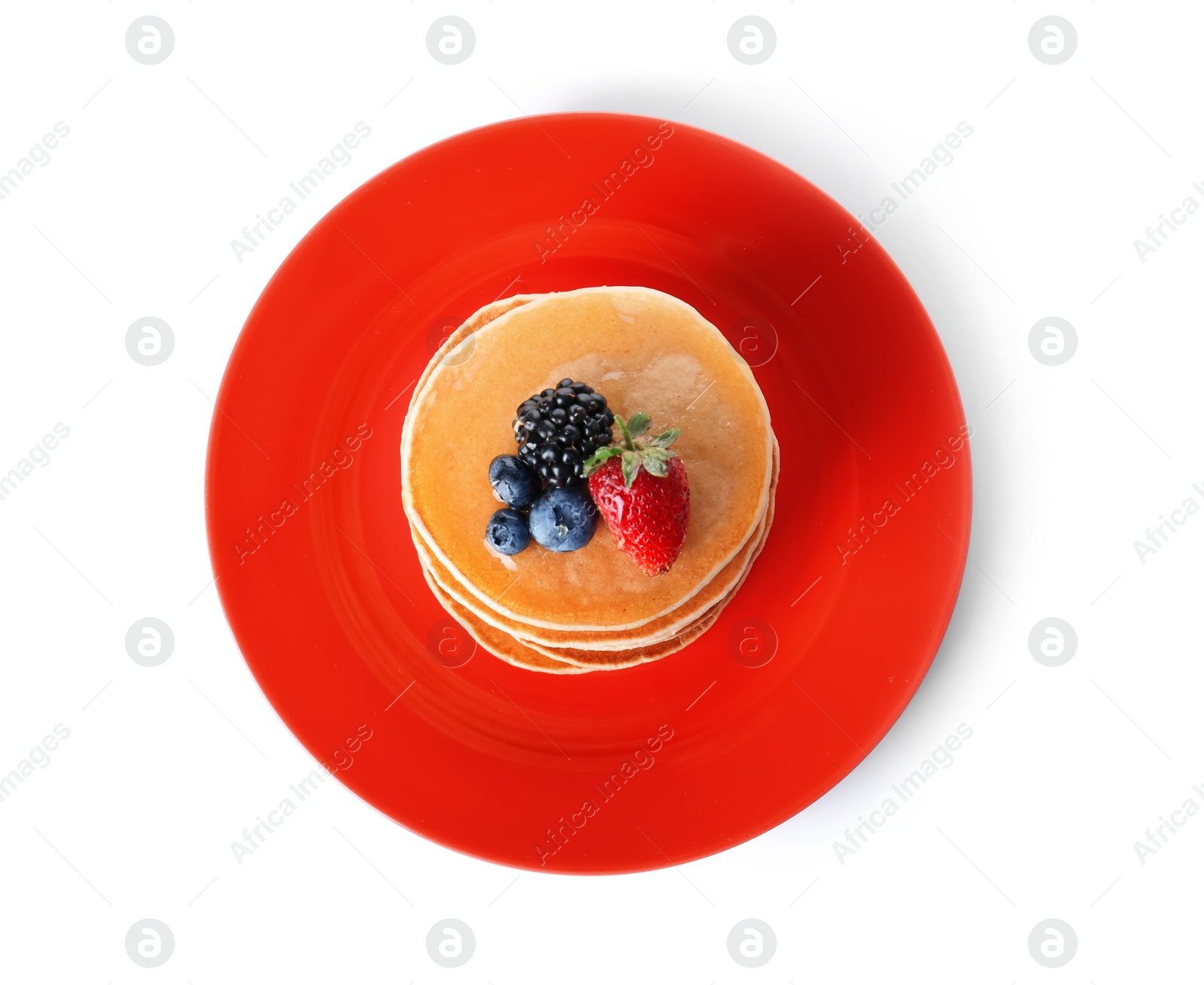 Photo of Plate with stack of tasty pancakes and fresh berries on white background, top view