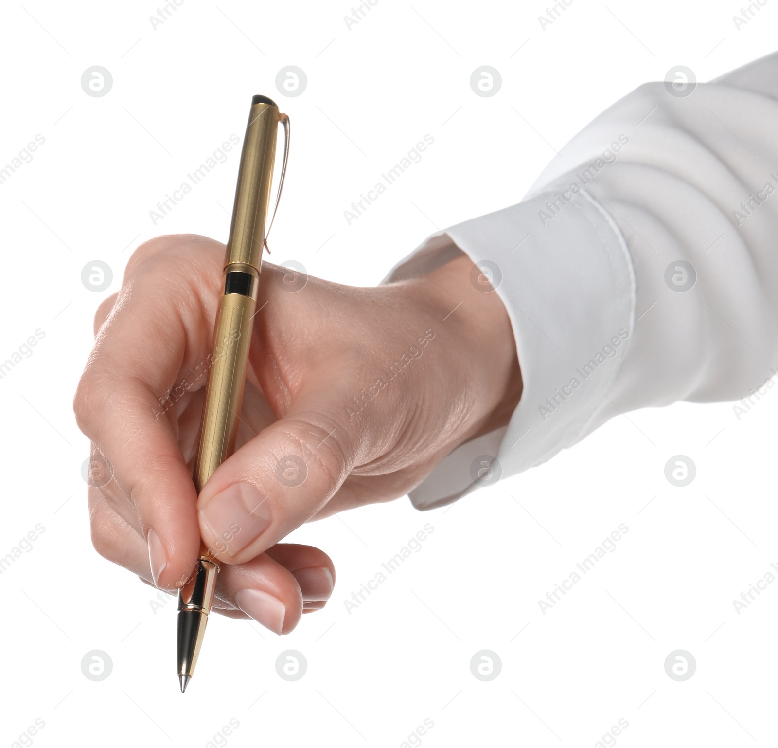 Photo of Woman holding pen on white background, closeup of hand