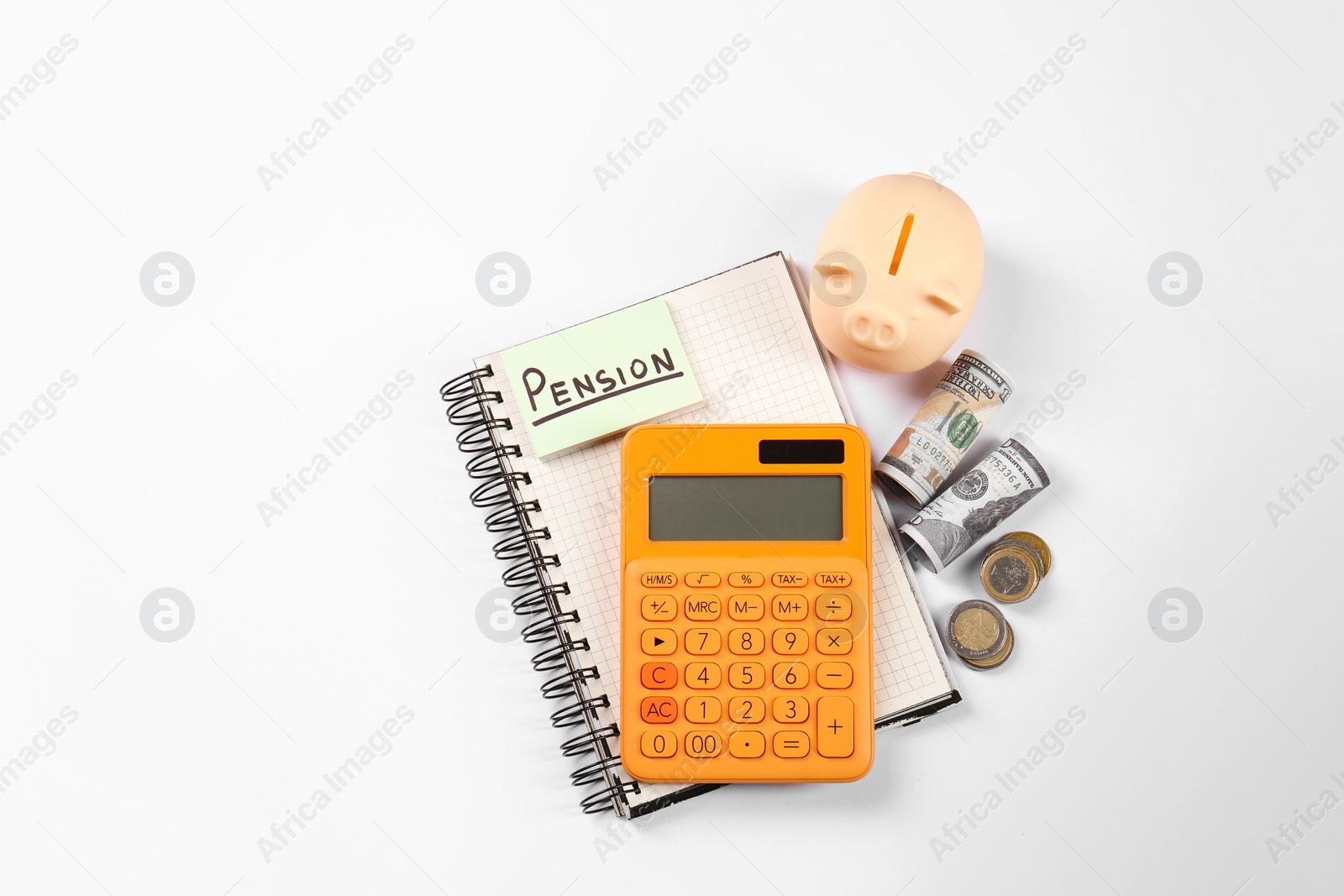 Photo of Calculator, card with word Pension, piggy bank and money on white background, top view. Retirement concept