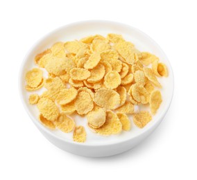 Photo of Breakfast cereal. Tasty corn flakes with milk in bowl isolated on white