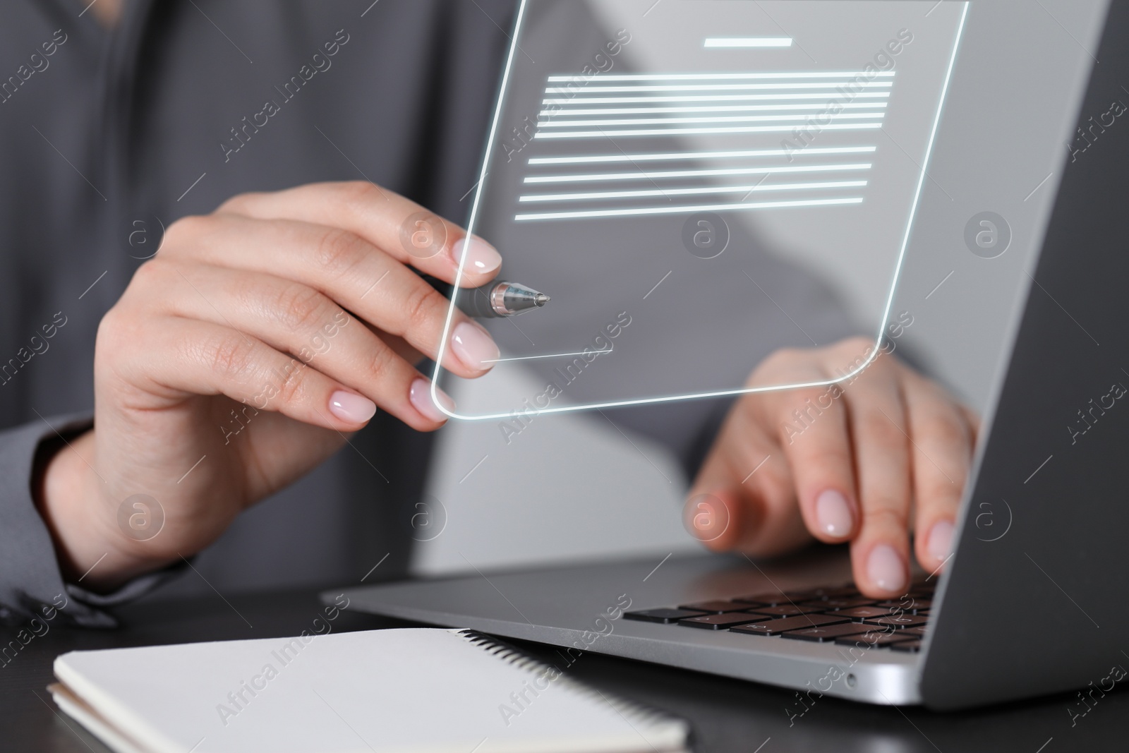 Image of Concept of electronic signature. Woman working on laptop at table indoors, closeup