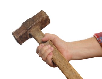 Man with sledgehammer on white background, closeup