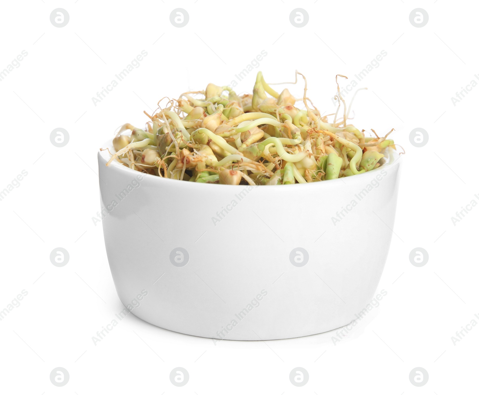 Photo of Bowl of sprouted green buckwheat isolated on white