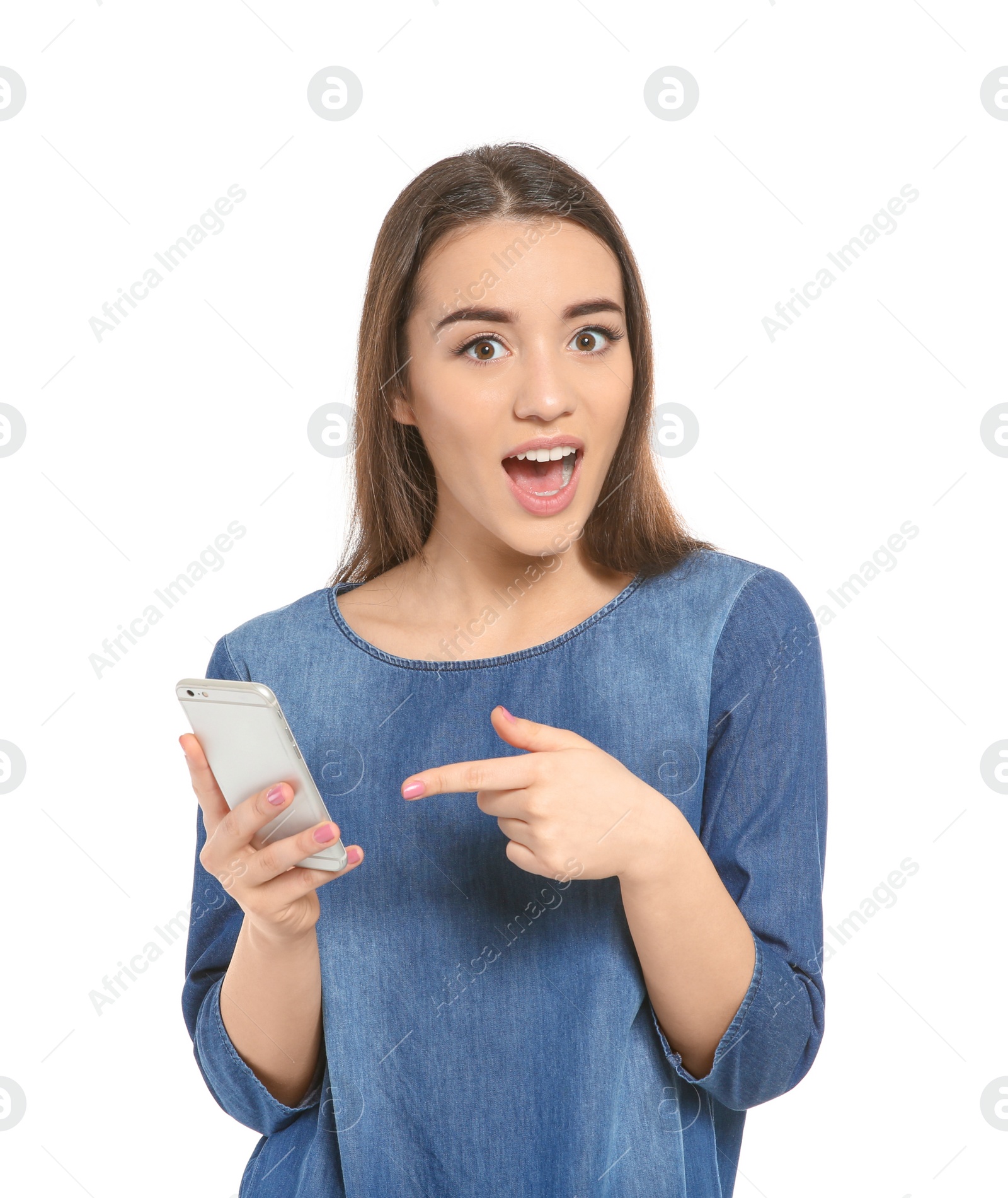 Photo of Attractive young woman using mobile phone on white background