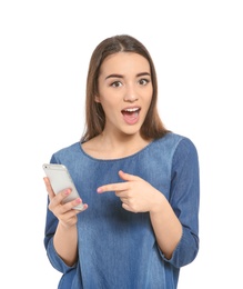 Photo of Attractive young woman using mobile phone on white background