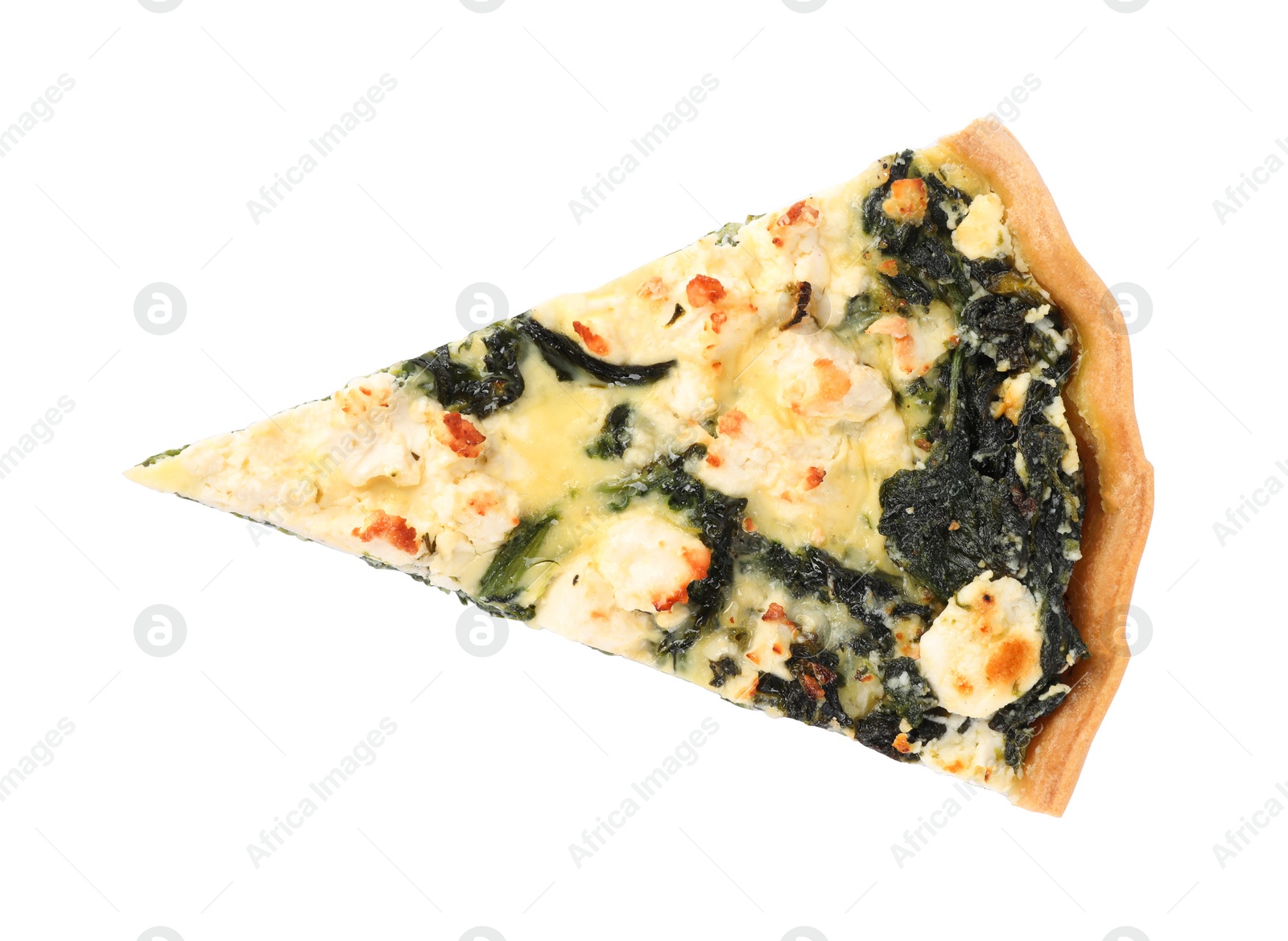 Photo of Piece of delicious homemade spinach quiche isolated on white, top view