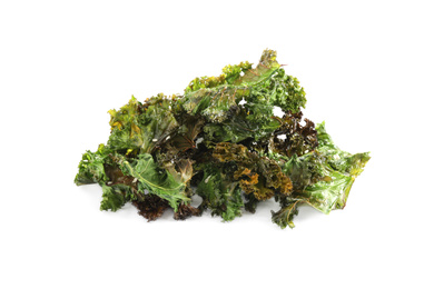 Tasty baked kale chips isolated on white