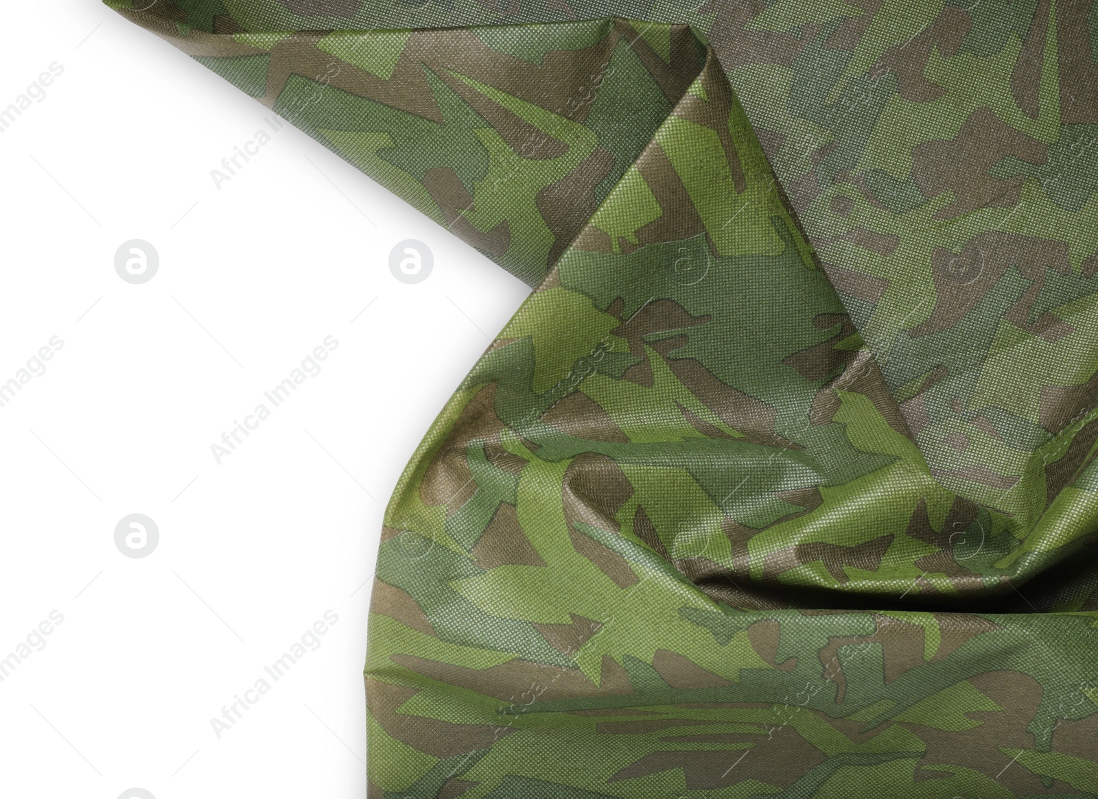 Photo of Camouflage fabric isolated on white, top view