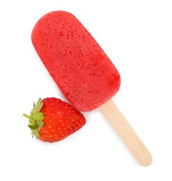 Photo of Tasty strawberry ice pop isolated on white, top view. Fruit popsicle