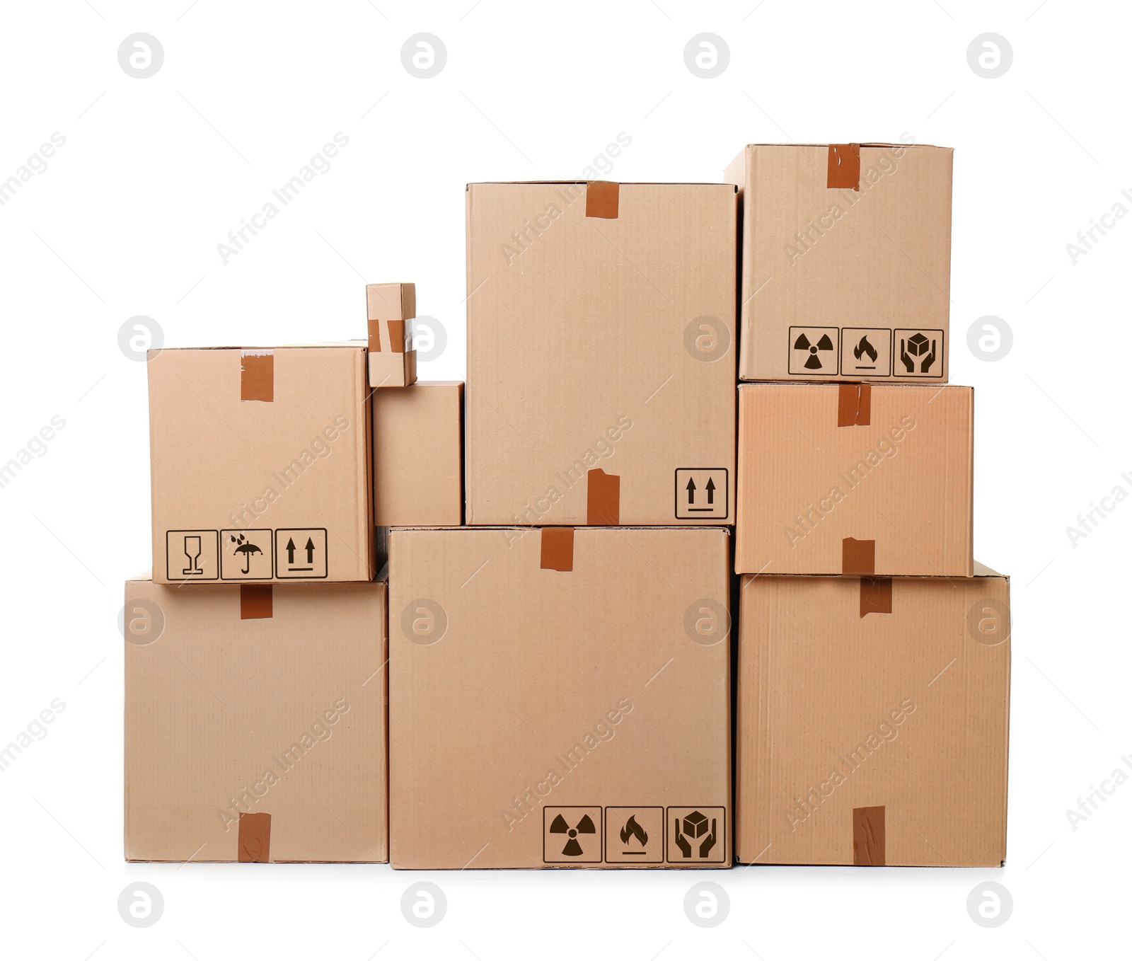 Image of Parcel delivery. Cardboard boxes with different packaging symbols on white background  