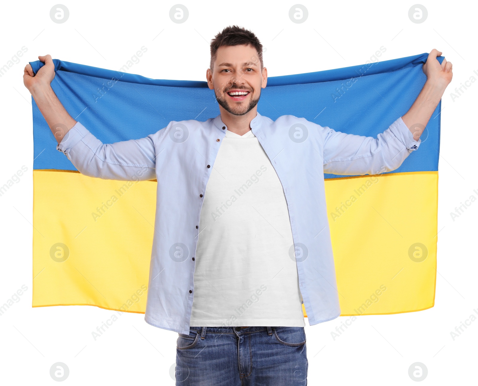 Photo of Man with flag of Ukraine on white background