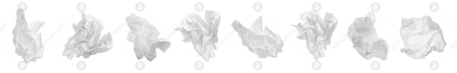 Image of Set with used crumpled paper tissues on white background. Banner design