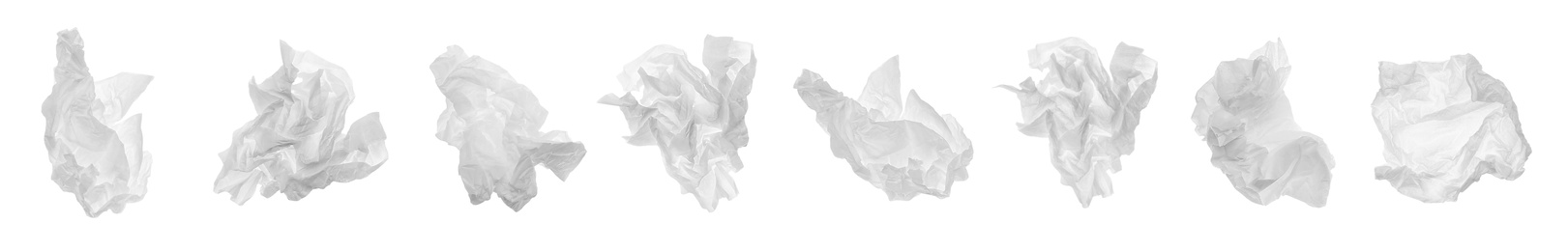 Image of Set with used crumpled paper tissues on white background. Banner design