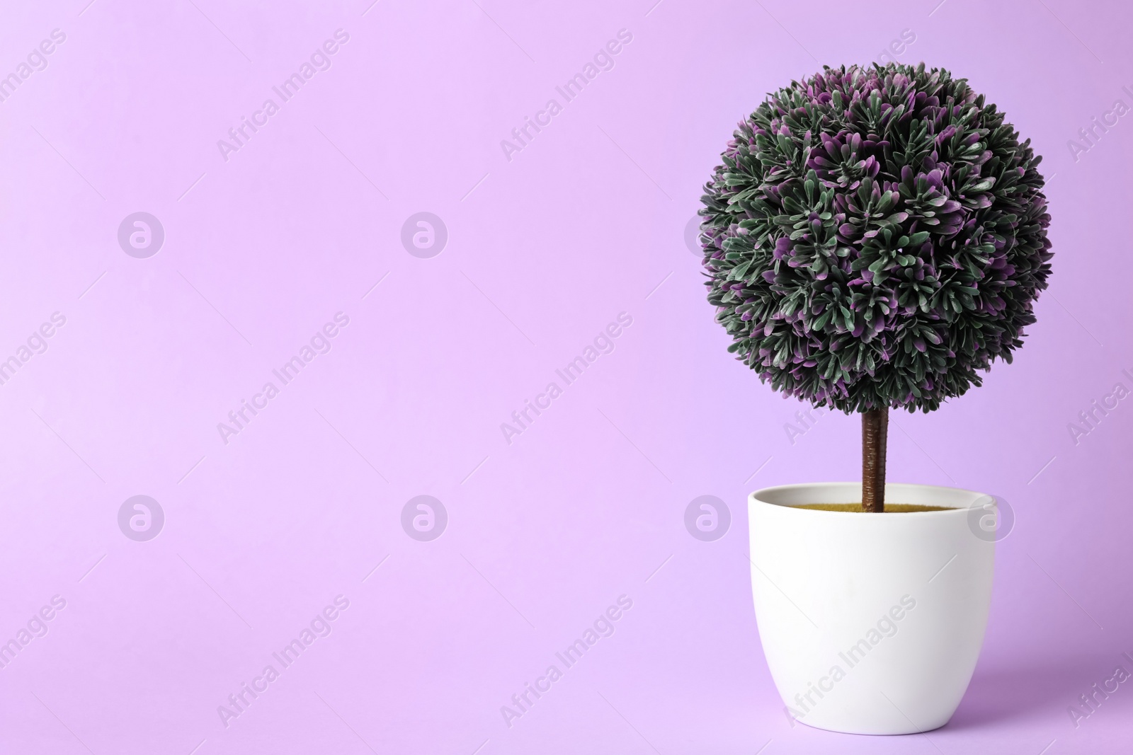 Photo of Beautiful artificial plant in flower pot on violet background, space for text
