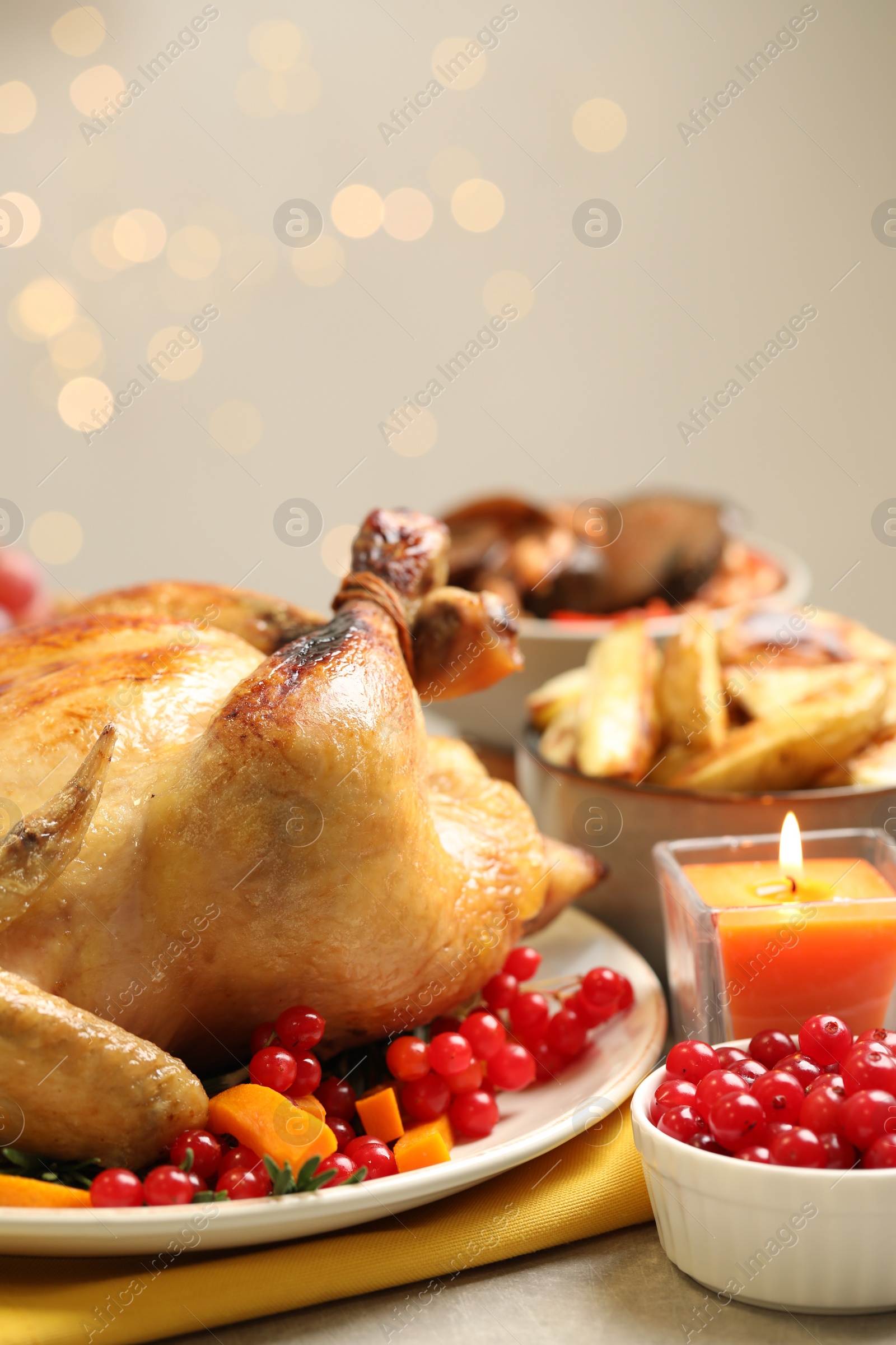 Photo of Traditional Thanksgiving day feast with delicious cooked turkey and other seasonal dishes served on light table, closeup