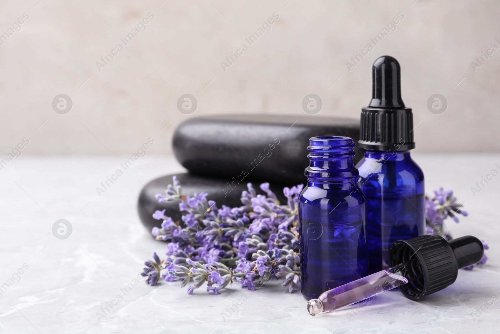 Photo of Bottles with natural lavender essential oil on table against grey background. Space for text