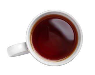 Photo of Cup of tea on white background, top view