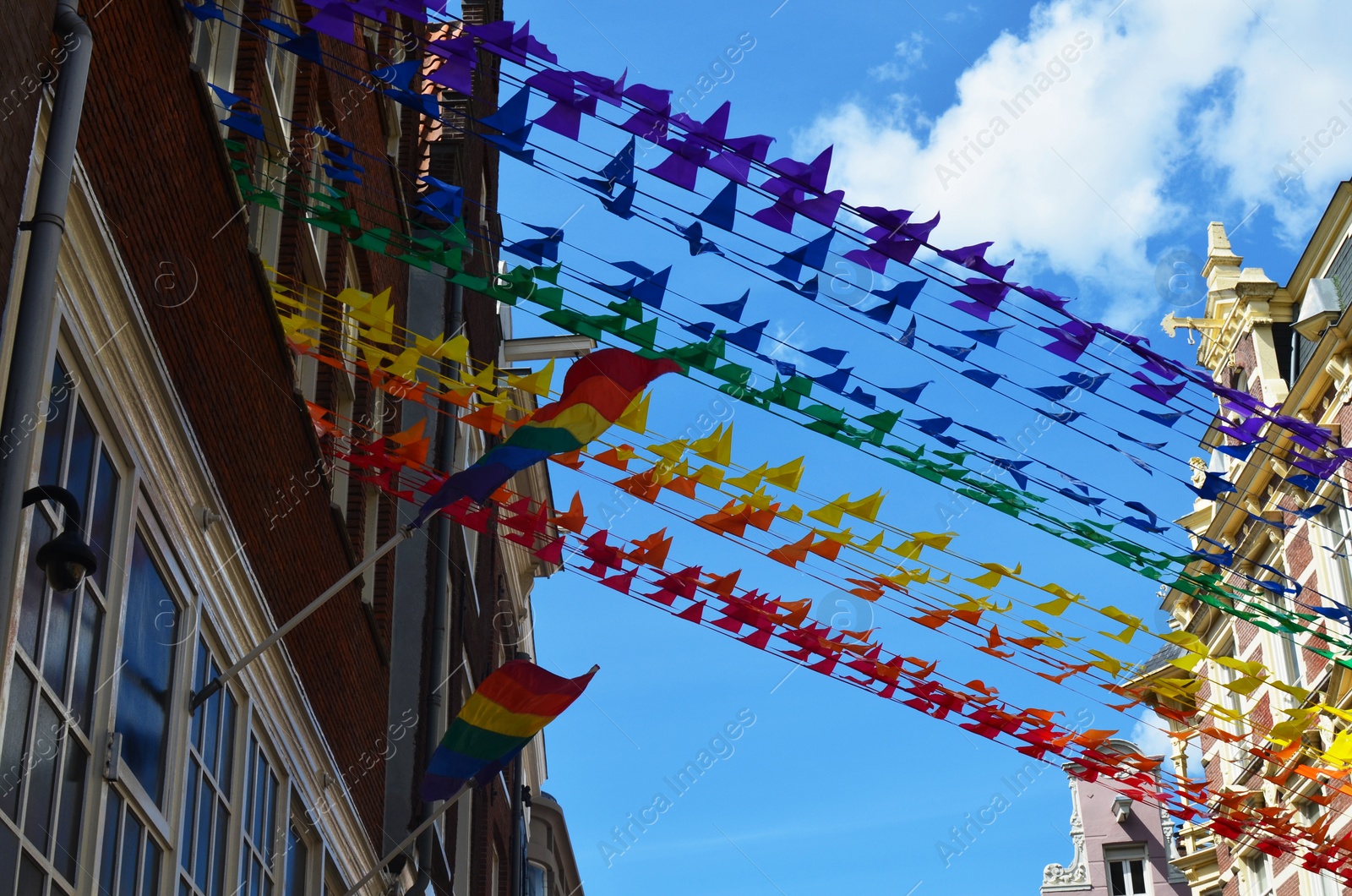 Photo of Bright rainbow LGBT pride flags on building facade