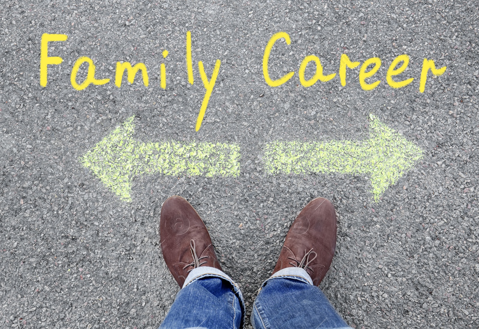 Image of Life choice. Man on road near arrows with directions to family and career, top view