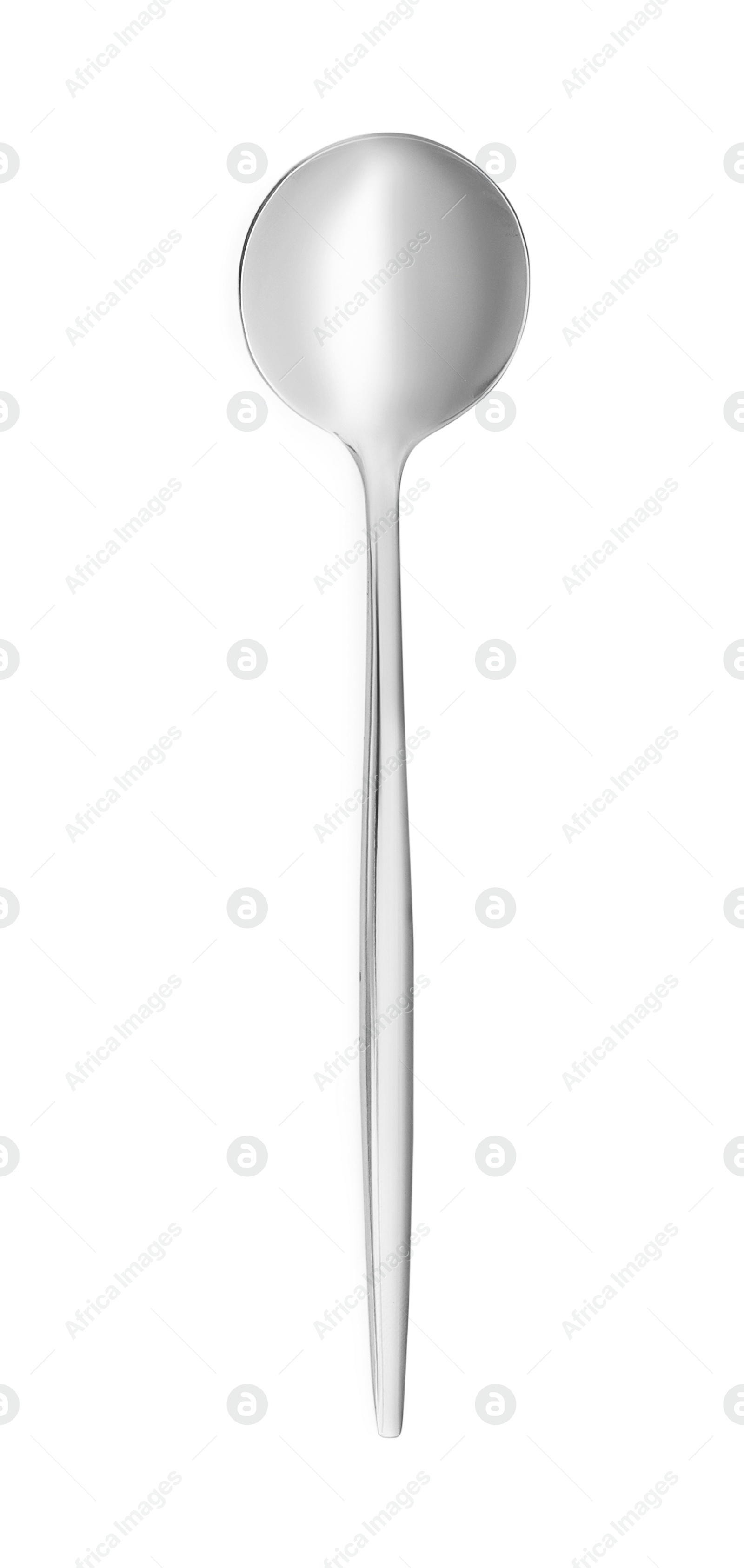 Photo of One new shiny dessert spoon isolated on white, top view