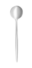 Photo of One new shiny dessert spoon isolated on white, top view