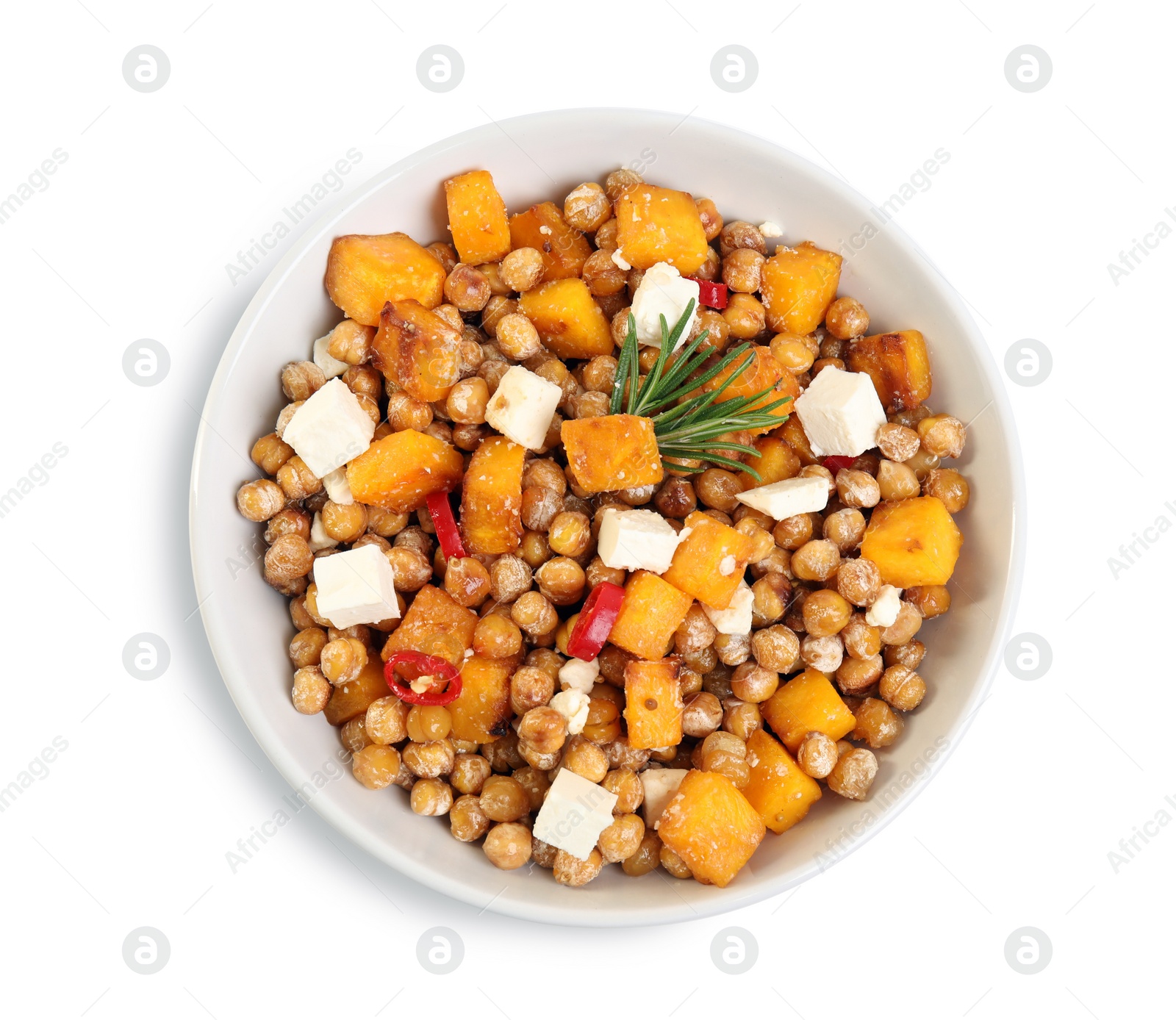 Photo of Plate with delicious fresh chickpea salad isolated on white, top view