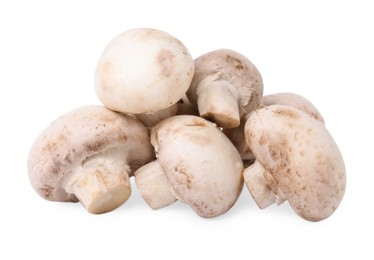 Photo of Many fresh champignon mushrooms isolated on white