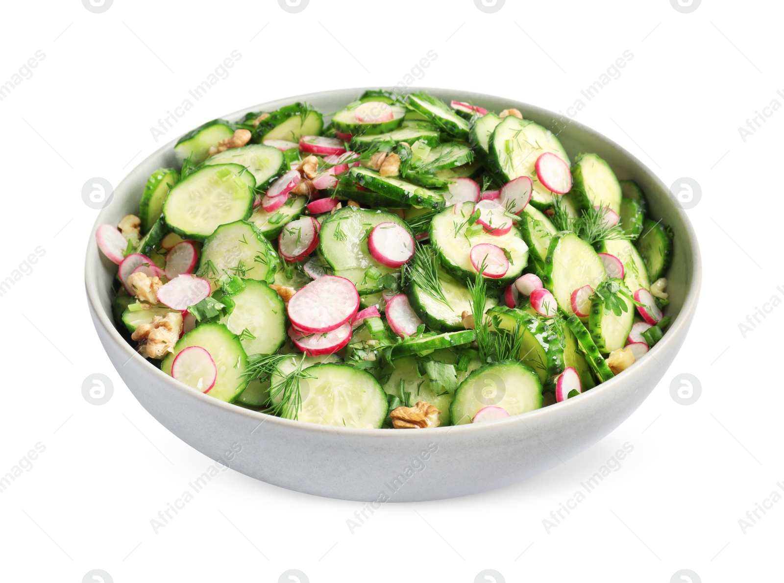 Photo of Bowl of delicious cucumber salad isolated on white