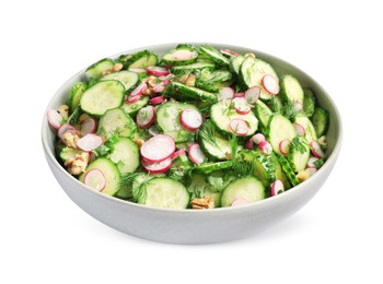 Bowl of delicious cucumber salad isolated on white