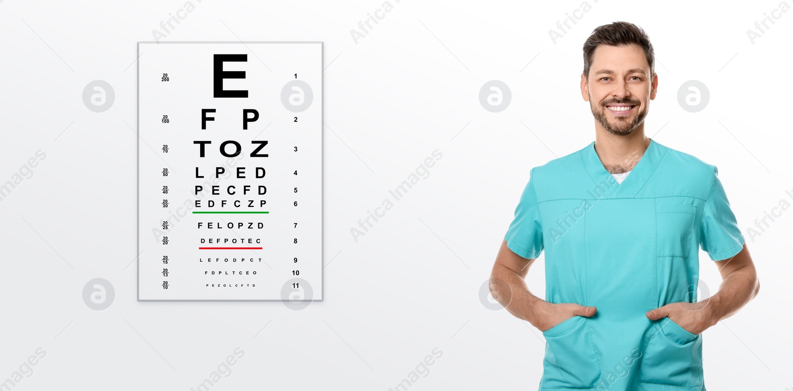 Image of Vision test. Ophthalmologist or optometrist and eye chart on white background, banner design