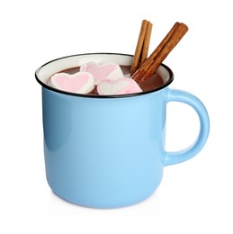 Photo of Cup of delicious hot chocolate with marshmallows and cinnamon sticks isolated on white