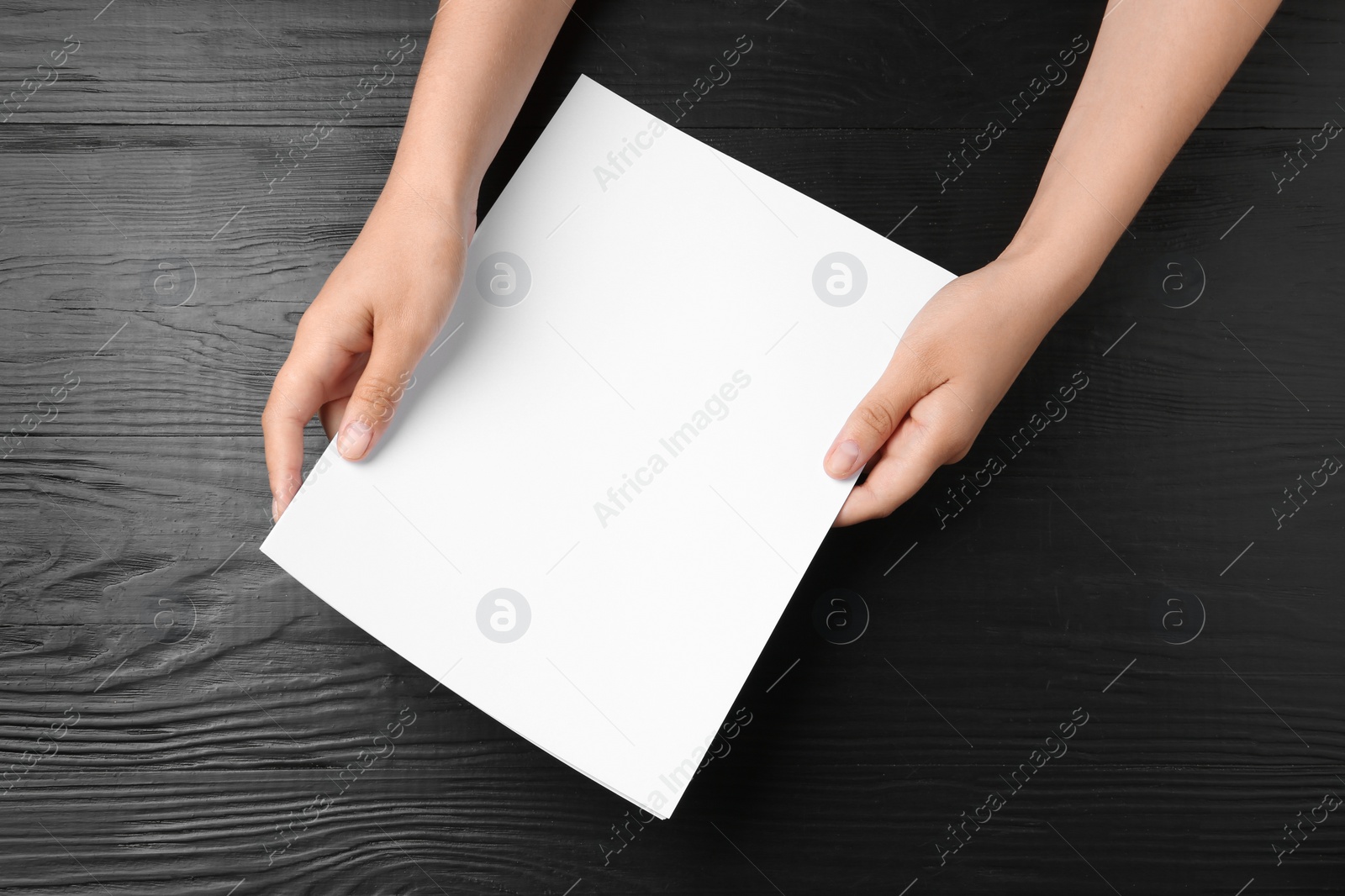 Photo of Woman holding blank paper sheets for brochure at black wooden table, top view. Mock up