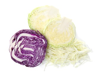 Different types of cut cabbage on white background, top view