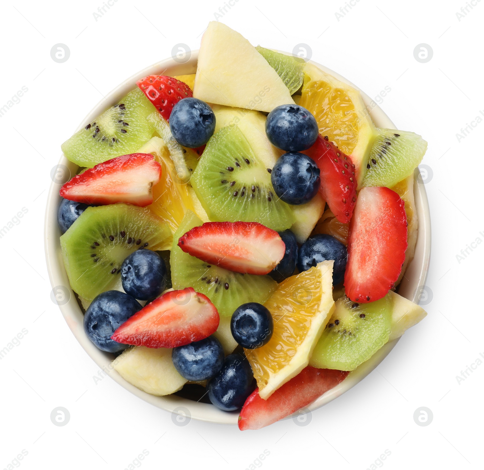 Photo of Tasty fruit salad in bowl isolated on white, top view