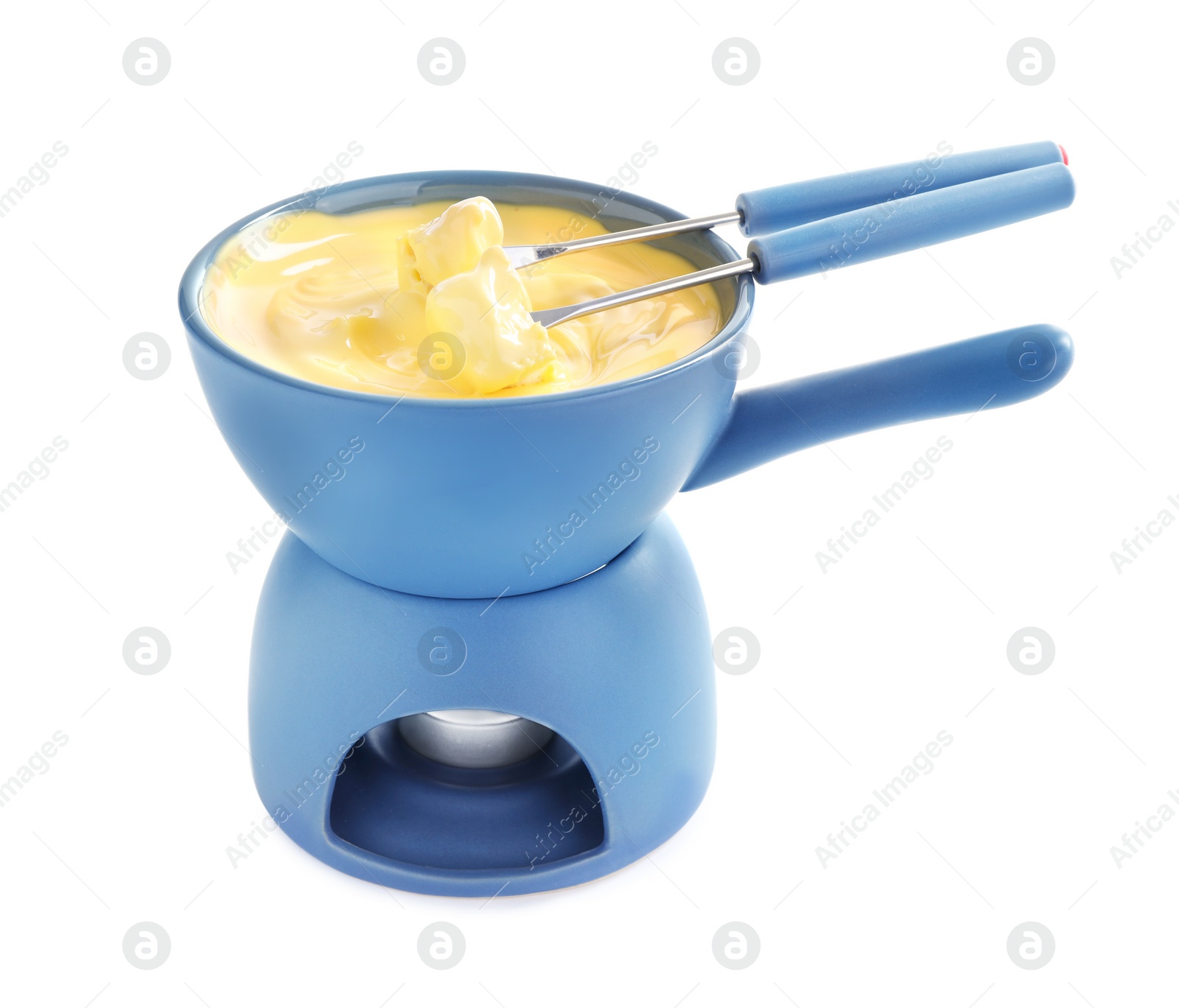 Photo of Pot of tasty cheese fondue and forks with bread isolated on white